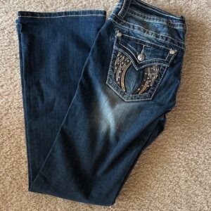 Miss Me Dark Blue Boot Cut Jeans with Silver Embellishments